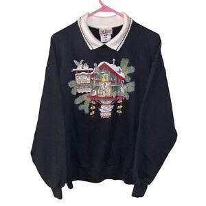 Vintage Day Breeze Jerzees collared Christmas birdhouse crewneck sweatshirt XL